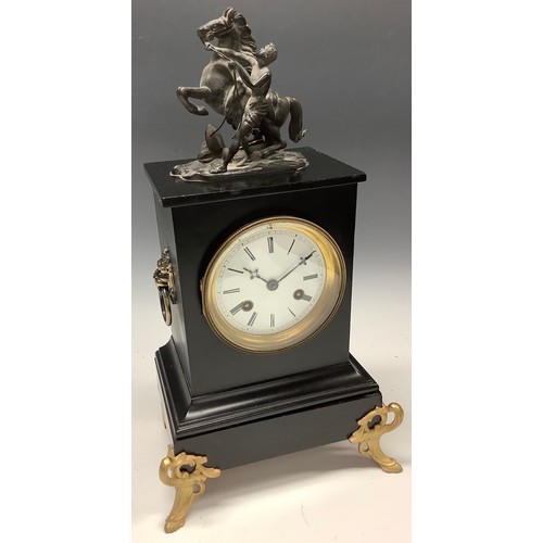 46 - A 19th century French slate mantel clock, bronze Marli horse finial, gilt feet, Roman numerals, twin... 