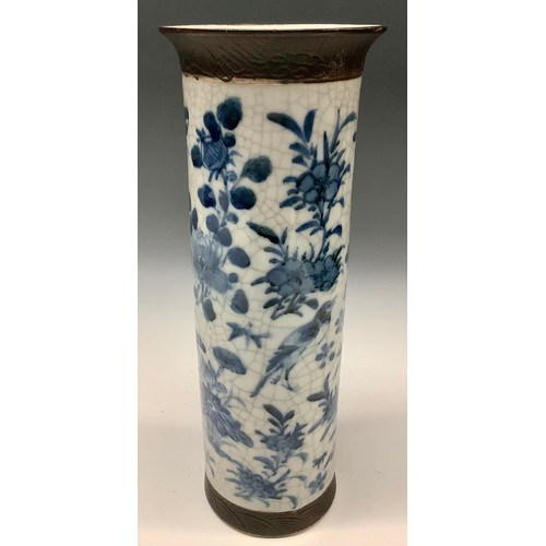 54 - A 19th century Chinese blue and white crackle glaze sleeve vase, 31cm high