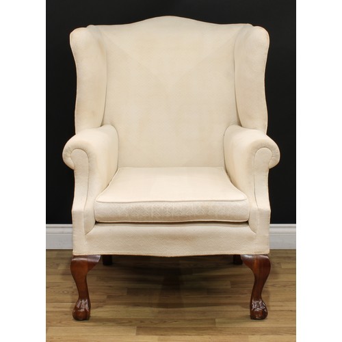 8 - A pair of George II style office reception wingback armchairs, scroll arms, squab cushion, cabriole ... 