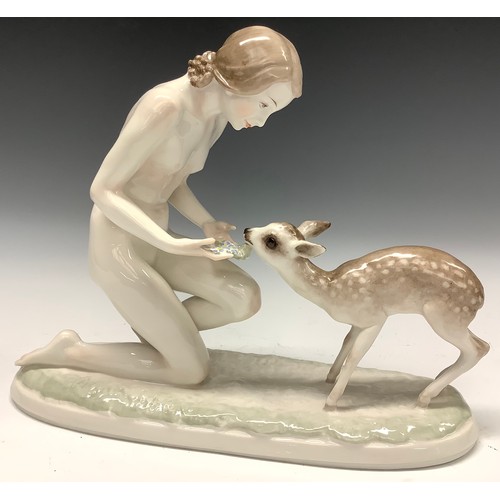 3 - A Hutschenreuther figure, Gute Freunde, female nude with fawn, modelled by Carl Werner, 32cm wide, r... 