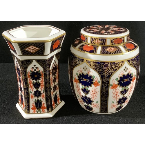 13 - A Royal Crown Derby Imari 1128 pattern ginger jar and cover, first quality; an 1128 pattern hexagona... 