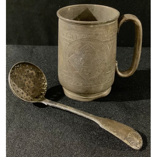 37 - A Victorian silver christening mug, 10cm, Birmingham 1855; a George IV silver sugar sifting spoon, L... 