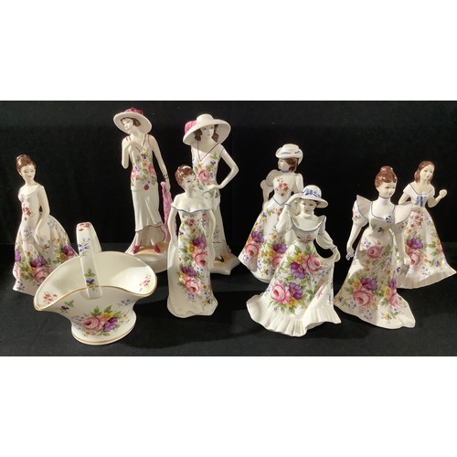 50 - A Staffordshire Fenton floral printed figure, Kate, others, Marie, Manhattan New Yorker, Madeline, M... 