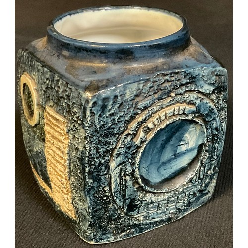 1 - A Troika cube shaped marmalade pot, glazed in shades of blue, 9cm high
