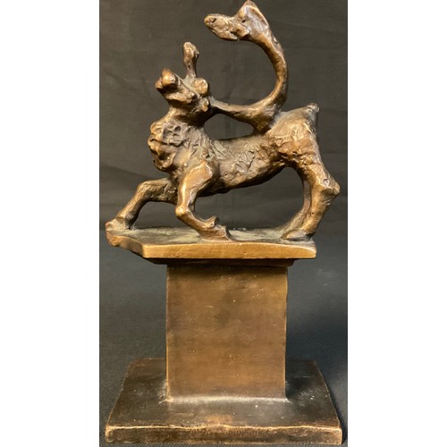 15 - A stylised dark patinated bronze, stag, plinth base, monogrammed Bm, dated '40, 24cm