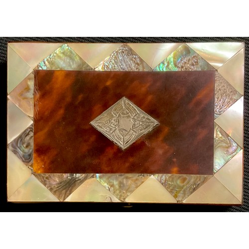 19 - A 19th century tortoise shell, mother of pearl and abalone card case, white metal diamond shaped car... 