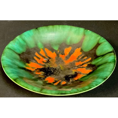 31 - A Goebel art pottery tripod bowl, drip glazed in sea green with a red lava glaze to centre, 25cm dia... 