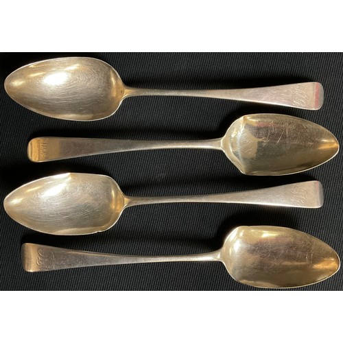 44 - A set of three George III silver table spoons, London 1800; an Irish silver table spoon, Dublin 1794... 