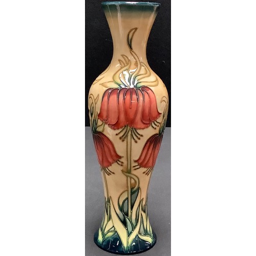 34 - A contemporary Moorcroft slender inverted baluster vase, tube lined with tall flowers in shades of r... 