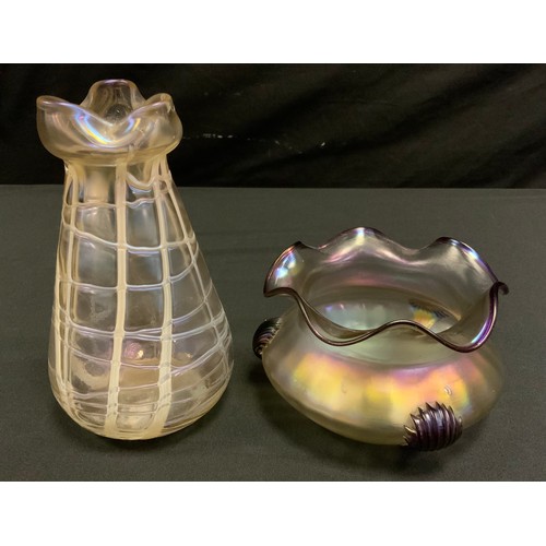 27 - A Loetz style Cralick glass vase, wavy purple rim and bomb drip motifs, iridescent body with tones o... 