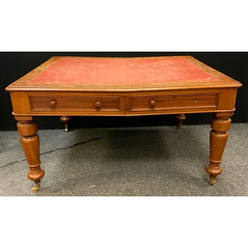55 - A late 19th century mahogany library table, the frieze with a pair of drawers, the verso conforming,... 
