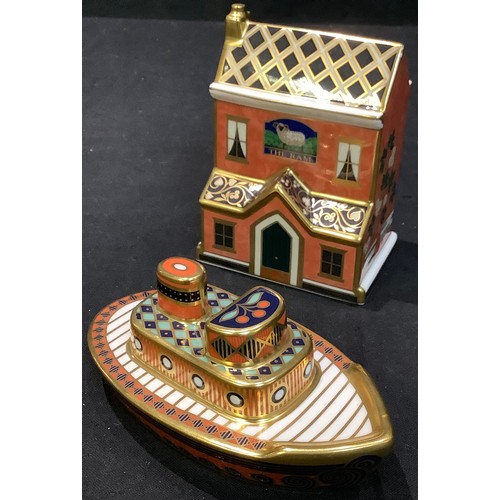 8 - A Royal Crown Derby paperweight, Treasures of Childhood, Tugboat; another, The Ram Public House (2)