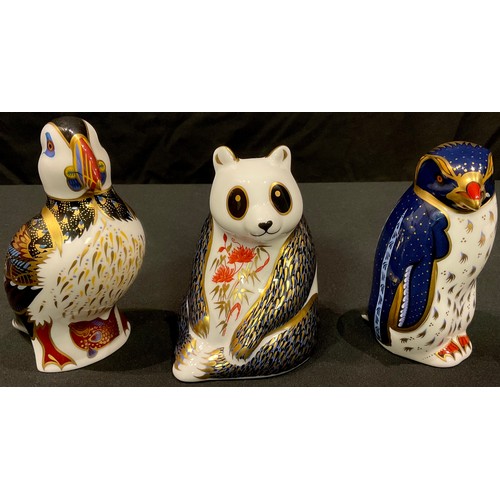 31 - A Royal Crown Derby paperweight, Panda, silver stopper; two others Rockhopper Penguin and Puffin, si... 