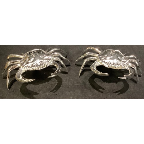 45 - A pair of novelty plated salts modelled as crabs, hinged covers, 12cm wide