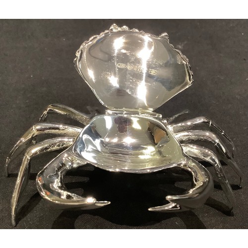 45 - A pair of novelty plated salts modelled as crabs, hinged covers, 12cm wide