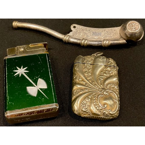 48 - A late 19th century silver plated boatswain's whistle; an EPNS vesta case; a lady's musical cigarett... 