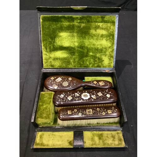 51 - An unusual 19th century rosewood and mother of pearl marquetry dressing set, comprising a hairbrush ... 