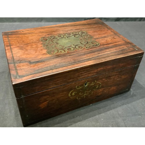 54 - A Regency rosewood and brass marquetry rectangular work box, watered silk lined interior, c.1820