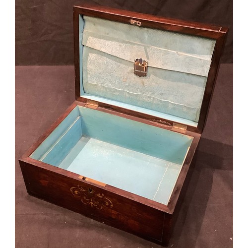 54 - A Regency rosewood and brass marquetry rectangular work box, watered silk lined interior, c.1820