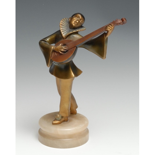25 - After Josef Lorenzl (1892 - 1950), an Art Deco spelter figure, of Pierrot, the troubadour mandolin p... 
