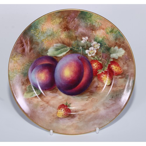 12 - A Royal Worcester side plate, painted  by H. Ayrton, signed, with ripe plums and strawberries on a m... 