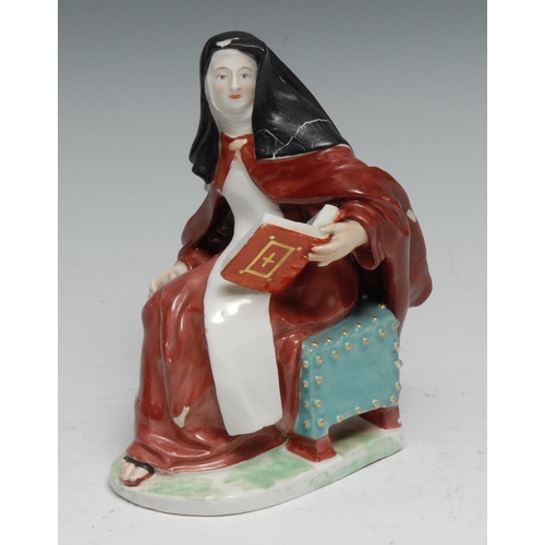 34 - A Chelsea Derby figure, of a nun, seated, holding a bible, 15.5cm high, incised No.102 and manuscrip... 