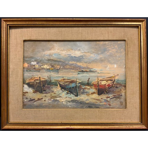 10 - Continental school, Fishing boats at low tide, indistinctly signed, oil on board, 20cm x 29cm.