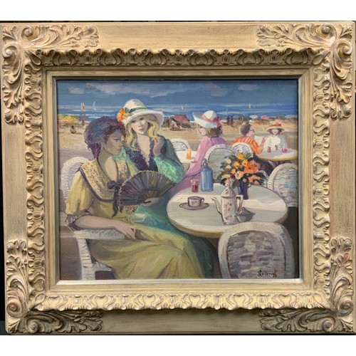 17 - Josefina Coderch (bn 1934)  'French Riviera Ladies', signed, oil on canvas, 46cm x 55cm.