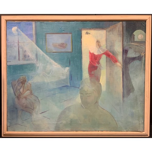 30 - Mid 20th century, Modern British school, Moonlit room with figures, oil on canvas, 61cm x 76.5cm.