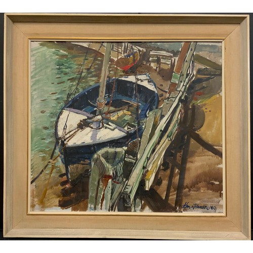 32 - Ken Johnson (mid 20th century British school), The Blue Boat, signed, dated 1960, oil on board, labe... 