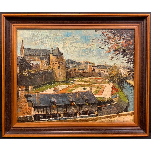 37 - Mangalic, Continental school, mid 20th century,
Bruges,
signed, oil on canvas, 40cm x 50cm;  another... 