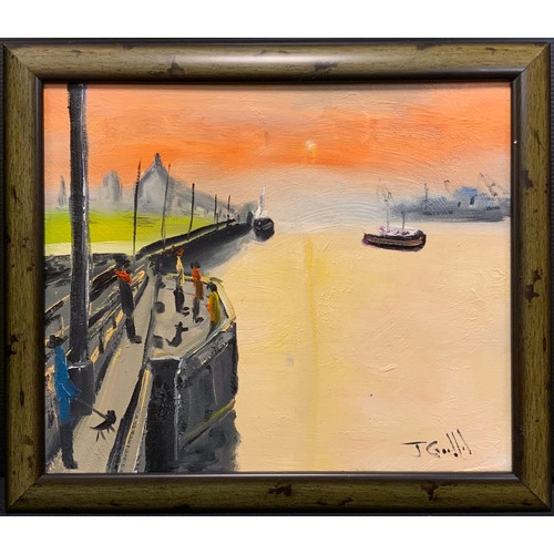 45 - John Goodlad, Figures at the Quayside, signed, oil on canvas, 25.5cm x 30cm.