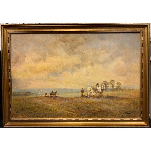 47 - M. J. Rendell, Ploughing the High Field, signed, oil on board, 51cm x 76.5cm