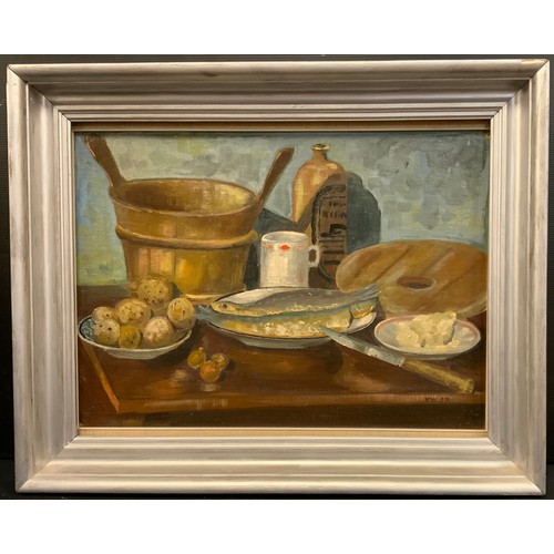 50 - Viktor Westerlund (Finnish, 20th century), Still Life study 'A Fisherman's Supper', signed with mono... 