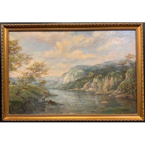 67 - M. J. Rendell, River with Limestone Cliffs, signed, oil on board, 40.5cm x 61.5cm