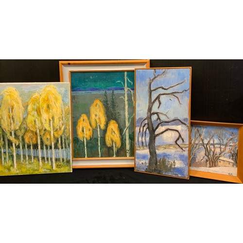 68 - Paivio Westerlund Knighton (active 1968 - 1986), Three Golden Birches, Finland, signed, oil on canva... 