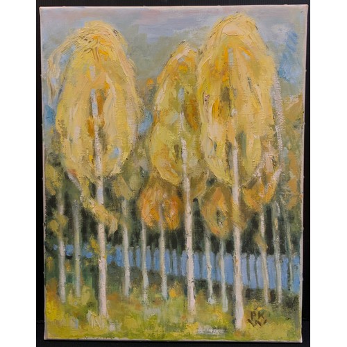 68 - Paivio Westerlund Knighton (active 1968 - 1986), Three Golden Birches, Finland, signed, oil on canva... 