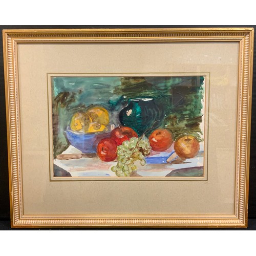 69 - English school, Still life with apples, grapes, and a vase, unsigned, (purchased by the vendor from ... 