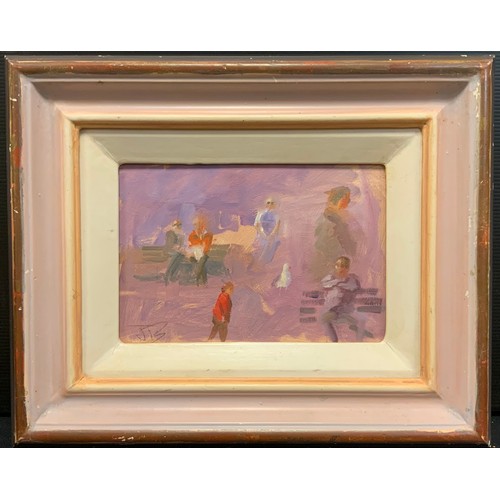 111 - John Boyd, Figures in the park, impressionist sketches, signed in pencil, oil on board, 16cm x 23cm.