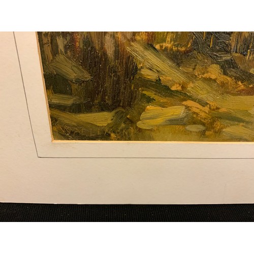 144 - Joseph Warlimont, Pine forest at dusk, oil on board, 29cm x 39cm.
