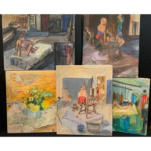187 - Betty Greenhalf, a set of four studio canvases - nude studies, signed to verso, oils on canvas, 50cm... 