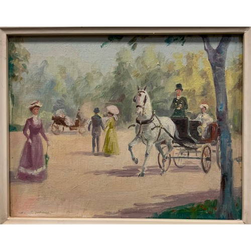 210 - Continental school, Figures in a Park, Paris, oil on canvas, 20.5cm x 26cm.