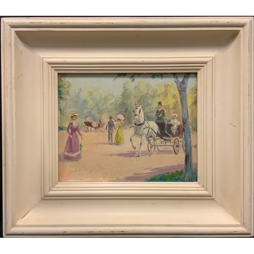 210 - Continental school, Figures in a Park, Paris, oil on canvas, 20.5cm x 26cm.
