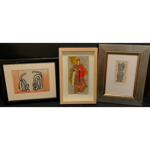 234 - Evelyn Cox, Two Cats, signed, mixed media, 13cm x 18cm;  another two, medieval figure, and Oriental ... 