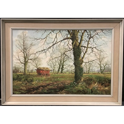 124A - James Wright, The Red Farm Wagon, signed, titled to verso, oil on canvas, 50cm x 75cm
