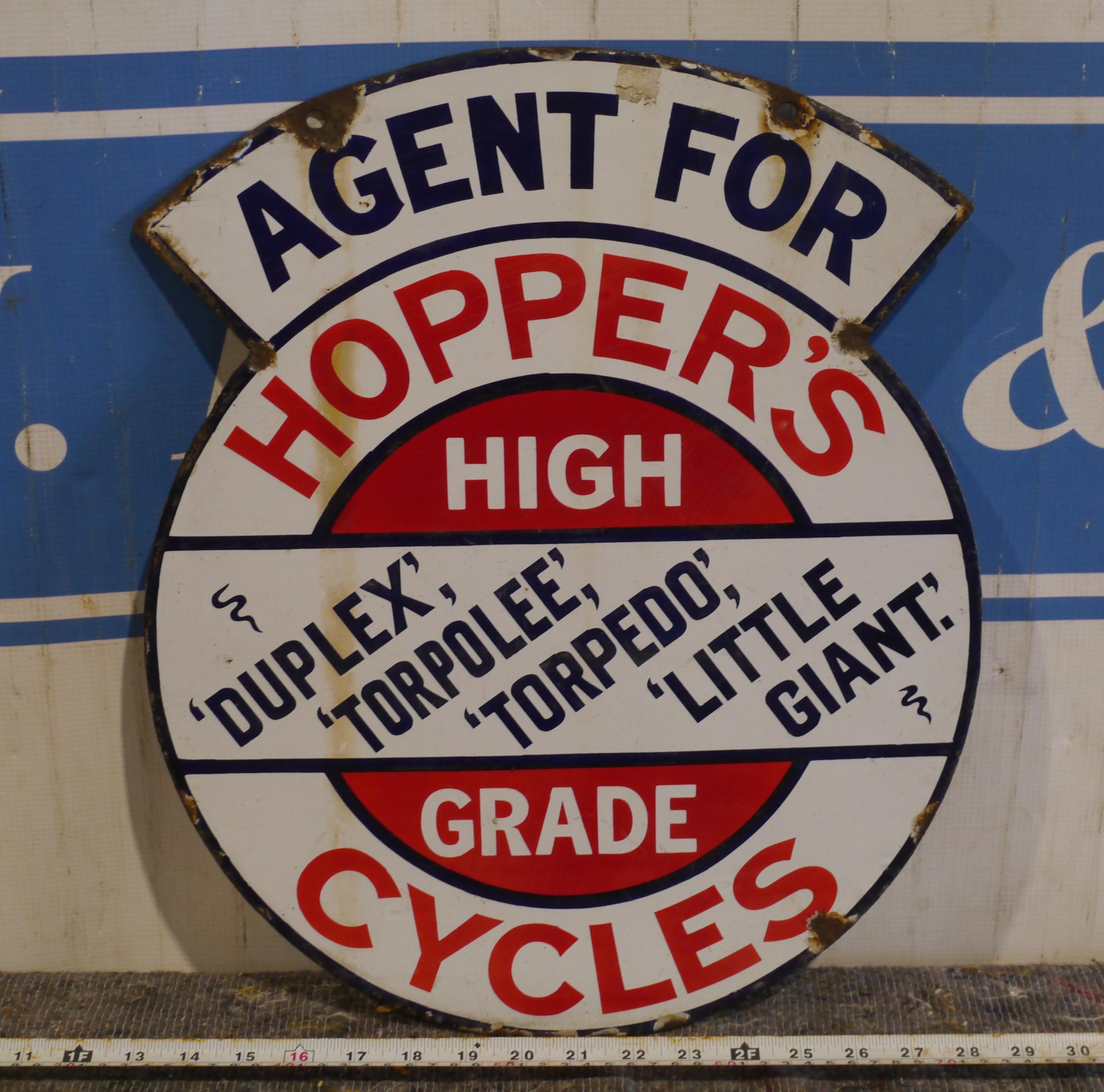 Double sided enamel sign Hoppers Cycles 18x15" max