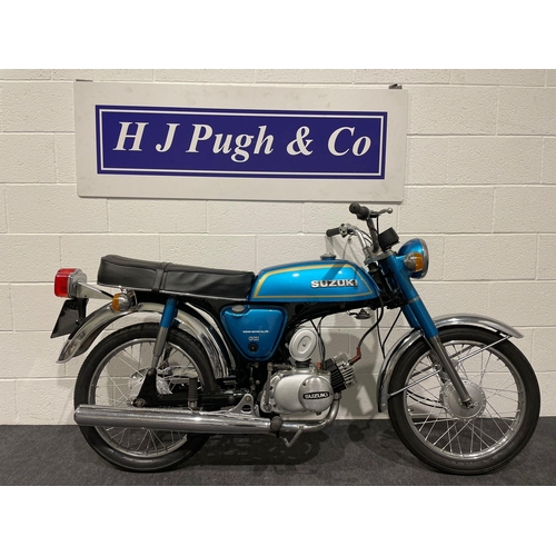 Suzuki A50P motorcycle. 1976. 48cc. Frame No. 207268. Engine No. 220264. This bike was running when it went into storage, will need recommissioning before it is back on road. Comes with old MOTs. Very well restored. Reg. NGT 152P. V5 and key