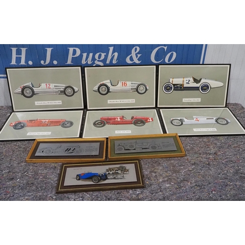 17 - 6- Framed car prints and 3- framed stainless steel car etchings