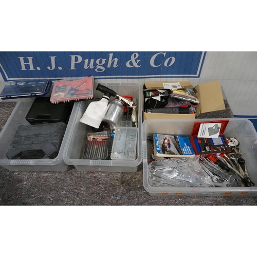 21 - Quantity of assorted hand tools to include spanners, belt tension tester and sprayer etc