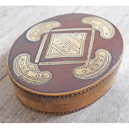 291 - A 17th Century horn and wood snuff box of oval form with verse to top 'It Is A Frend To Whom I Lend'... 